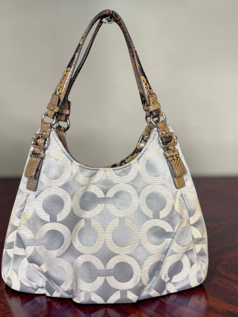 Coach 17689 Maggie OP Art Gray‎ Sateen Croc Embossed Leather Shoulder Bag